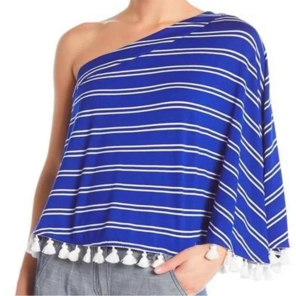 🏝️EUC - Trina Turk Pomona Top Women size XL - One shoulder Tassels Blue White - Picture 1 of 10